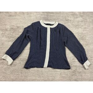 Counterparts Blouse Womens 10P Navy Blue Polka Dot Long Sleeve Button Up Classic